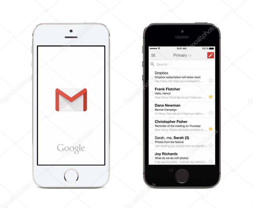 Varna, Bulgaria - May 26, 2015: Google Gmail app logo and Gmail inbox on the front view white and black Apple iPhones. Gmail is a free e-mail service provided by Google. Isolated on white background.