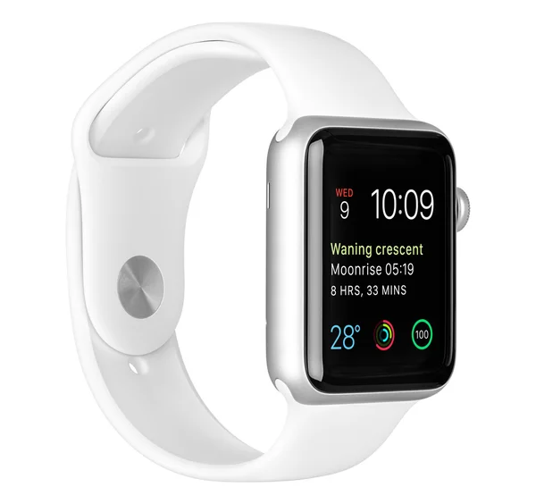 Apple Watch Sport Silver Aluminum Case с белой спортивной полосой — стоковое фото