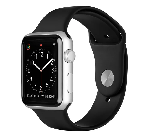 Apple Watch Sport Caja de aluminio plateado con banda deportiva negra —  Fotos de Stock