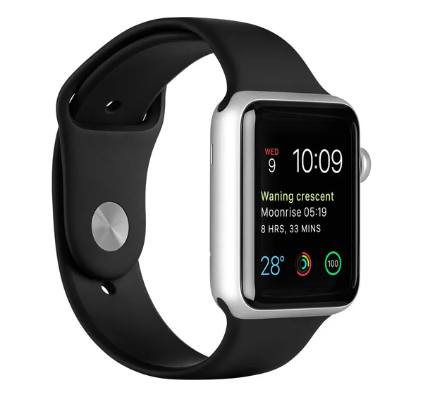 Caso de alumínio Apple Watch Sport Silver com faixa preta do esporte — Fotografia de Stock