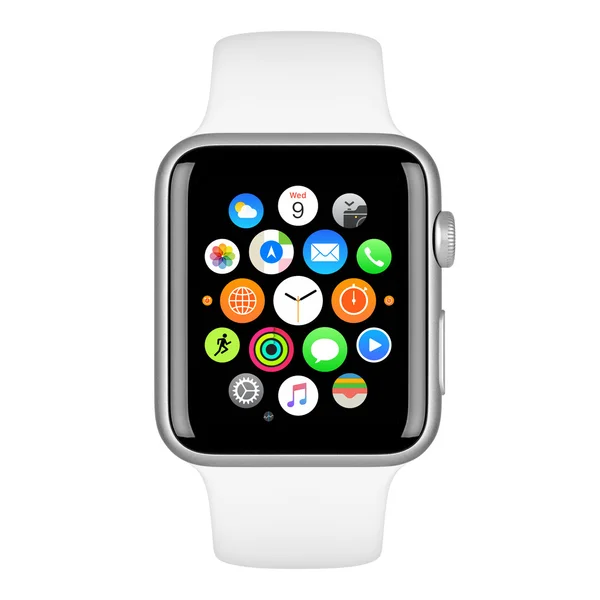 Caso de alumínio de prata do esporte do relógio da Apple com faixa branca do esporte — Fotografia de Stock