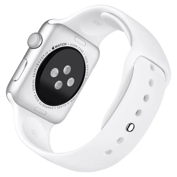 Vista trasera del Apple Watch Sport de aluminio plateado con banda blanca — Foto de Stock