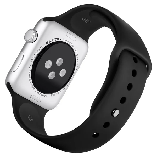 Vista trasera del Apple Watch Sport de aluminio plateado con banda negra —  Fotos de Stock