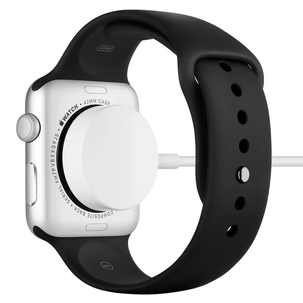 Carregamento de Apple Watch Sport Silver Alumínio com Banda Preta — Fotografia de Stock