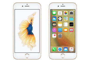 Altın elma iphone 6s ön görünümü ile IOS 9 ve dinamik duvar kağıdı