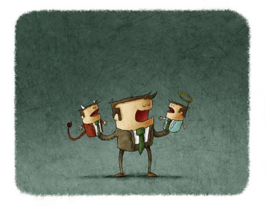 Melek ve şeytan kuklalar ile oynarken işadamı