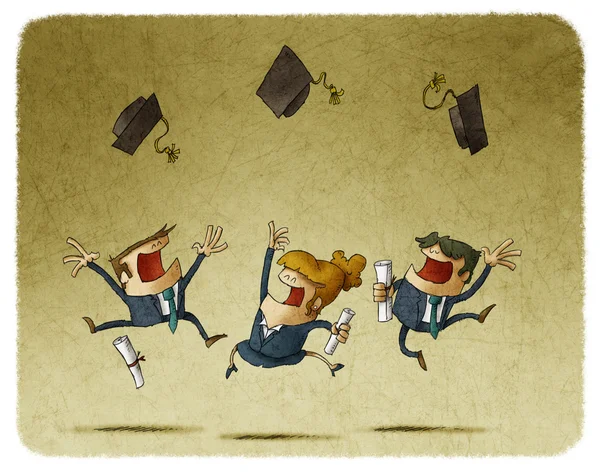 Cheerful group of graduate students jumping with their cap in the air — Stock Photo, Image