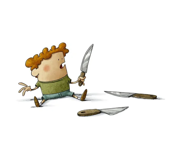 Ilustración Niño Muy Pequeño Recogido Cuchillo Tiene Mano Con Peligro —  Fotos de Stock