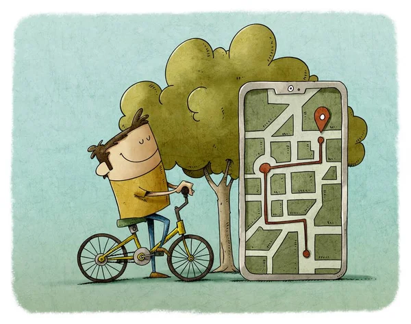 Иллюстрация Человека Велосипеде Рядом Огромным Мобильным Телефоном Можете Увидеть Маршрут — стоковое фото