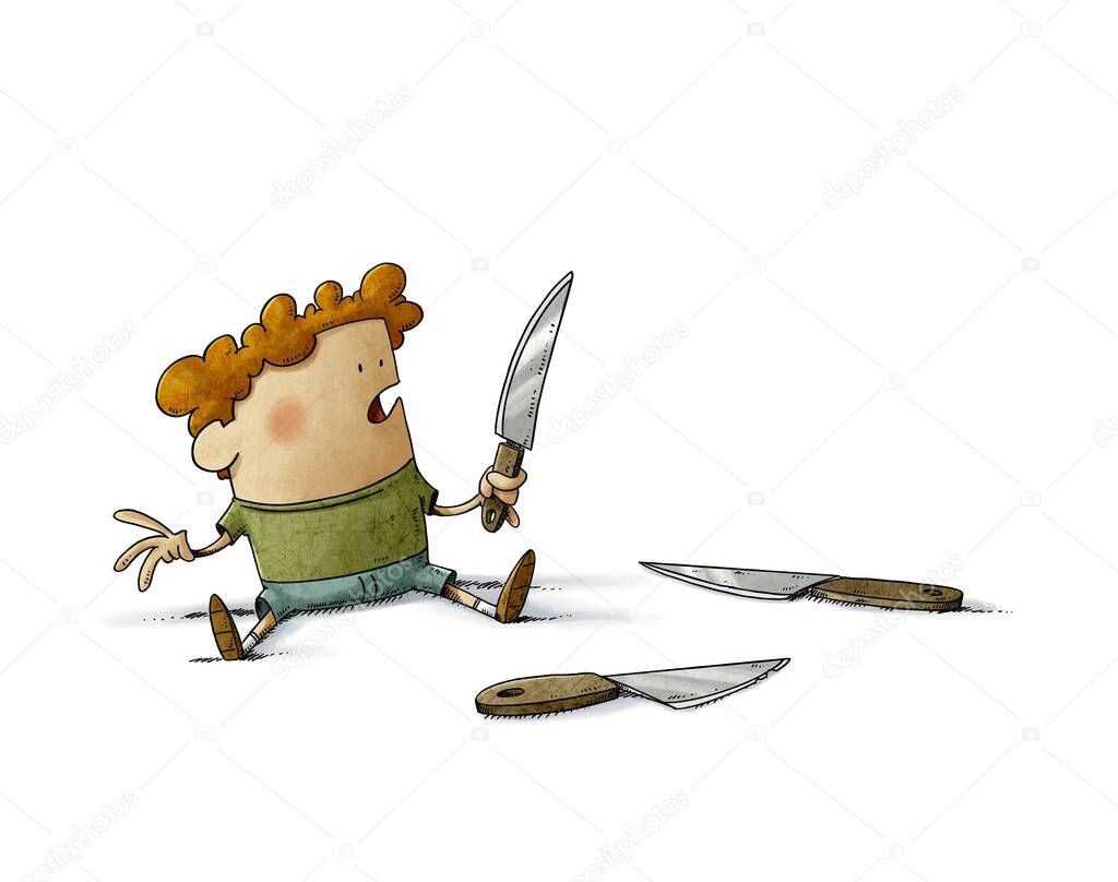 illustration of a very young child has picked up a knife and has it in his hand with the danger of cutting himself. isolated
