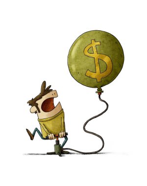 Dolar sembolüyle kocaman bir balonu şişiren bir adamın resmi. izole
