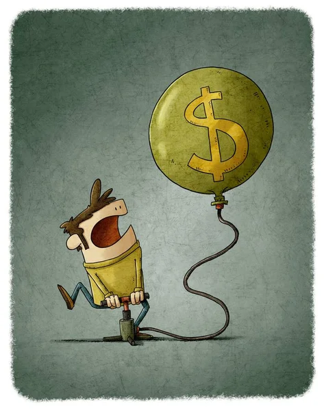 Illustration Man Som Blåser Upp Stor Ballong Med Dollarsymbolen — Stockfoto