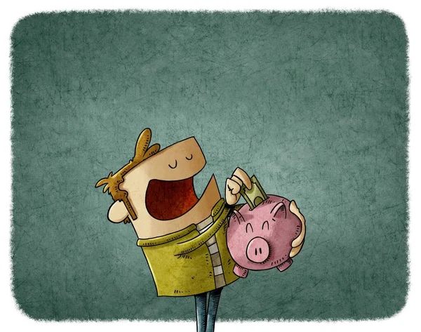 Illustration Eines Mannes Der Ein Sparschwein Hält Das Seine Ersparnisse — Stockfoto