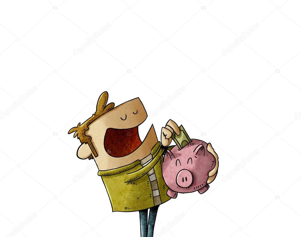 illustration of man holding a piggy bank in which he is putting his savings. isolated