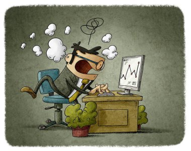 Ofisindeki iş adamının karikatür çizimi çok stresliyken kafasından duman çıkıyor..