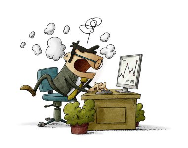 cartoon illustration of businessman in his office works very stressed while smoke comes out of his head. isolated clipart