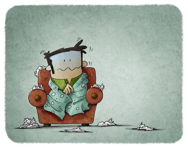 illustration of Sick man sitting in an armchair surrounded by tissues. Seasonal allergy. man shivering with cold
