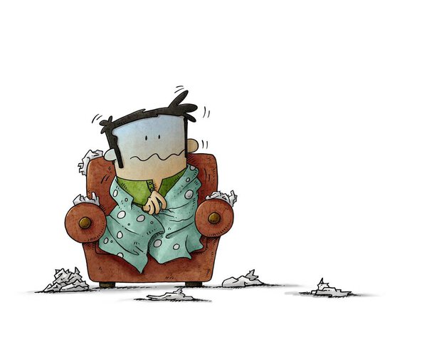 illustration of Sick man sitting in an armchair surrounded by tissues. Seasonal allergy. man shivering with cold. isolated