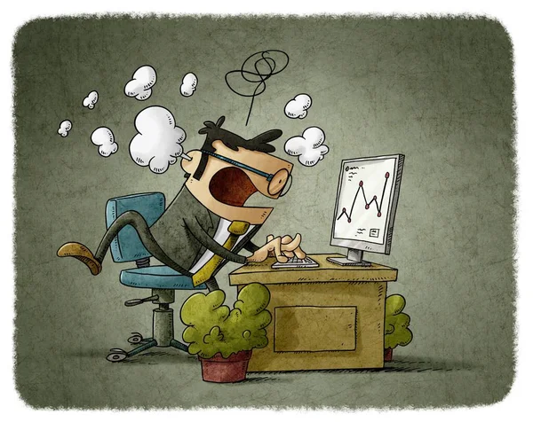 Ilustración Dibujos Animados Hombre Negocios Oficina Trabaja Muy Estresado Mientras Fotos de stock libres de derechos