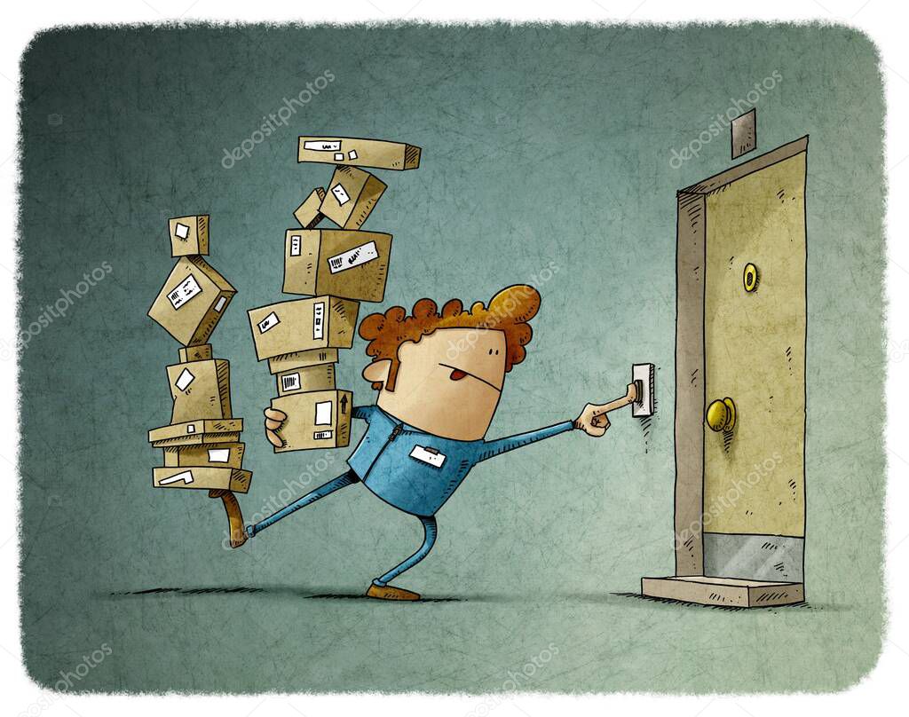 illustration of delivery man balancing two stacks of many boxes while trying to ring the doorbell. home delivery, in uniform