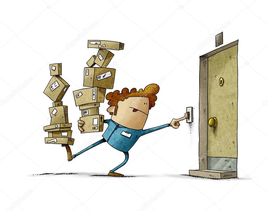 illustration of delivery man balancing two stacks of many boxes while trying to ring the doorbell. home delivery, in uniform. isolated