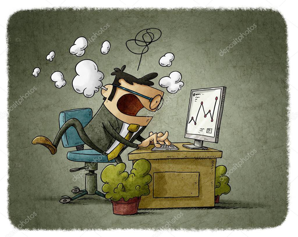 cartoon illustration of businessman in his office works very stressed while smoke comes out of his head.