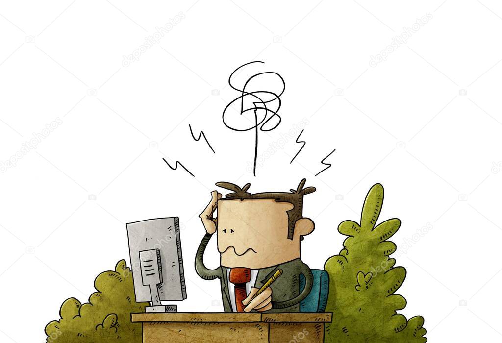 illustration of businessman looks at his computer worried and with a headache from overwork. isolated