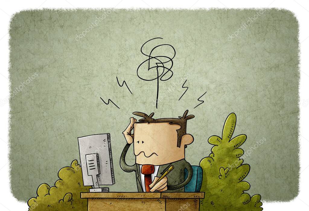 illustration of man in front of the computer at his workplace and complains of headache