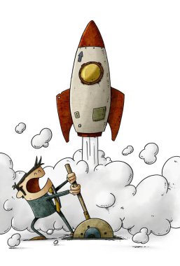 illustration of Rocket taking off because a man is operating a lever. launch concept, isolated