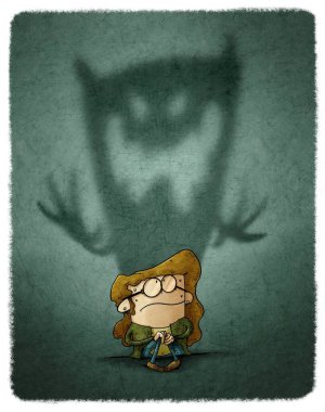 illustration of woman sitting cowering is afraid of something strange, behind there is a huge evil shadow. concept of fear of abuse.