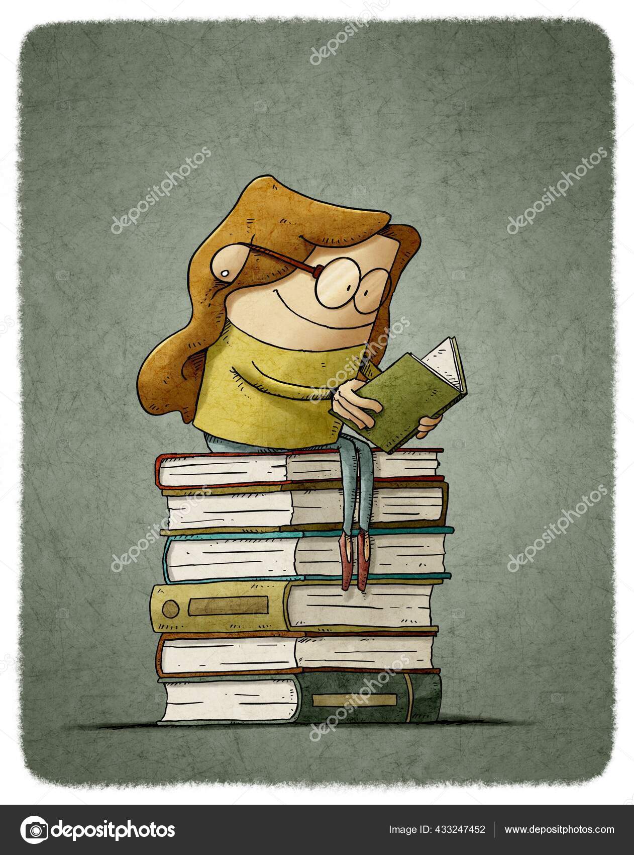 若い女性のイラストは本の山の上に座っている間に読みます 学習の概念 ストック写真 C Jrcasas