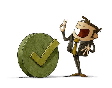 illustration of a young man okay gesture next to a large circle with the check symbol. isolated