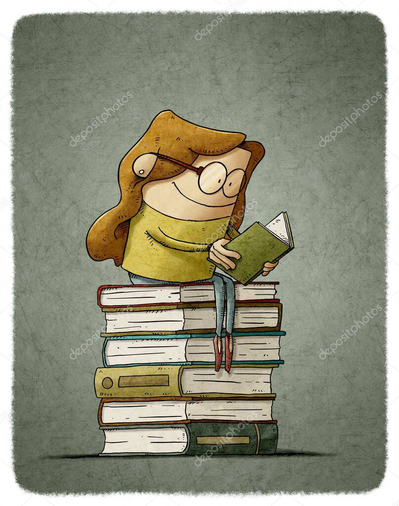 illustration of young woman reads while sitting on top of a pile of books. Culture and learning concept