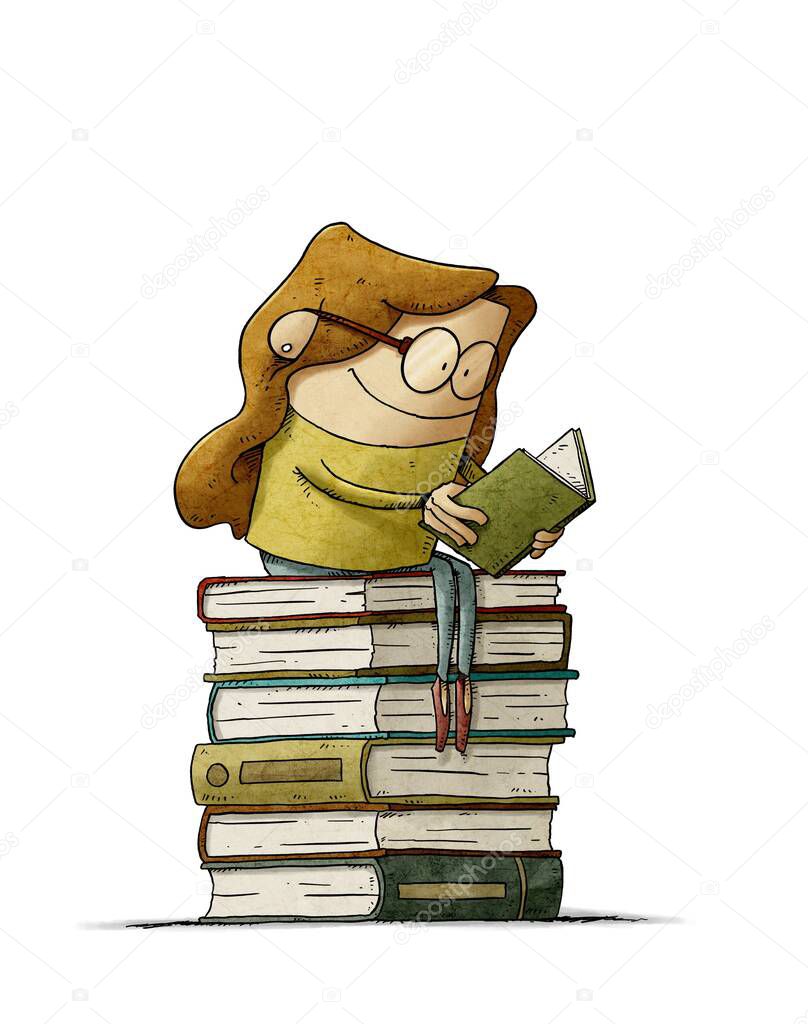 illustration of young woman reads while sitting on top of a pile of books. Culture and learning concept. isolated