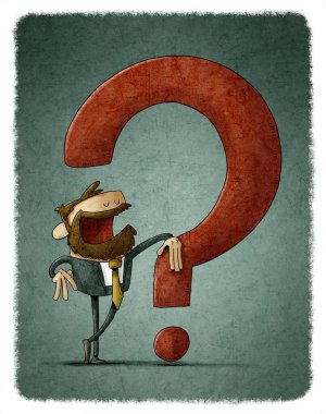 Büyük kırmızı bir soru işaretine dayanan iş adamının çizimi.