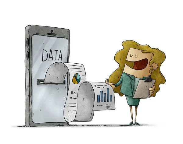 illustration of woman is extracting data from a huge mobile from which comes out a long paper with information and graphics. isolated