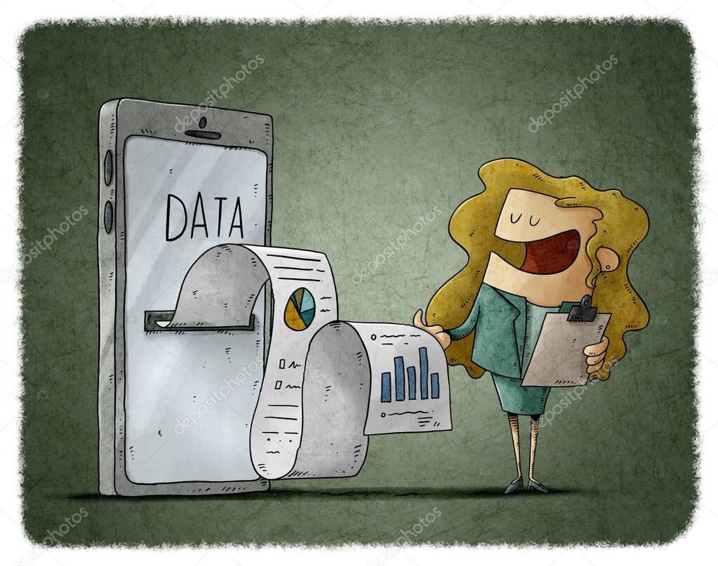 illustration of woman is extracting data from a huge mobile from which comes out a long paper with information and graphics