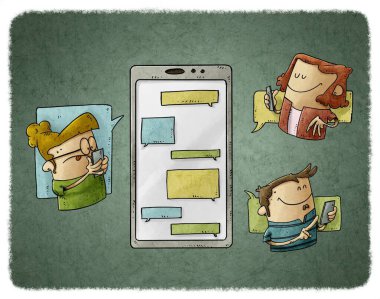 Üç kişinin resmi büyük bir cep telefonunun etrafında ve birbirlerine mesaj yolluyorlar. İletişim ve sosyal medya kavramı.