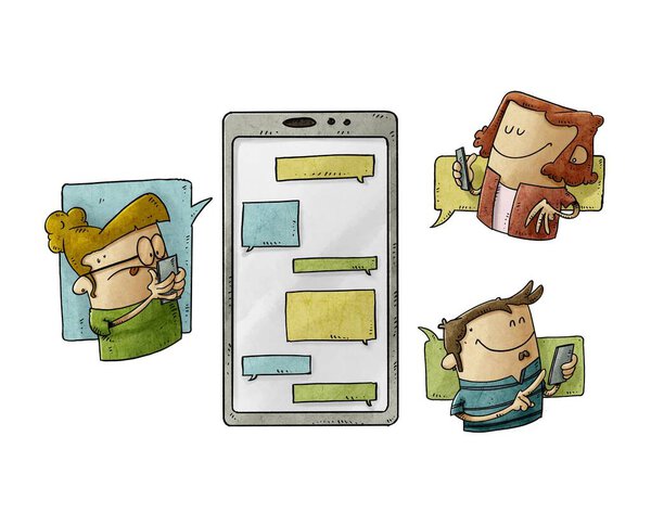 illustration of three people are around a large mobile phone and they are sending messages to each other. Communication and social media concept. isolated