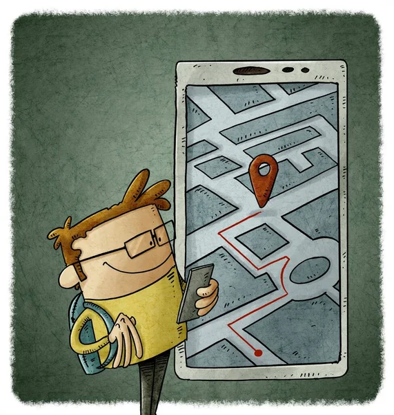illustration of cartoon person is looking at his smartphone to know his location. Geolocation usage concept.