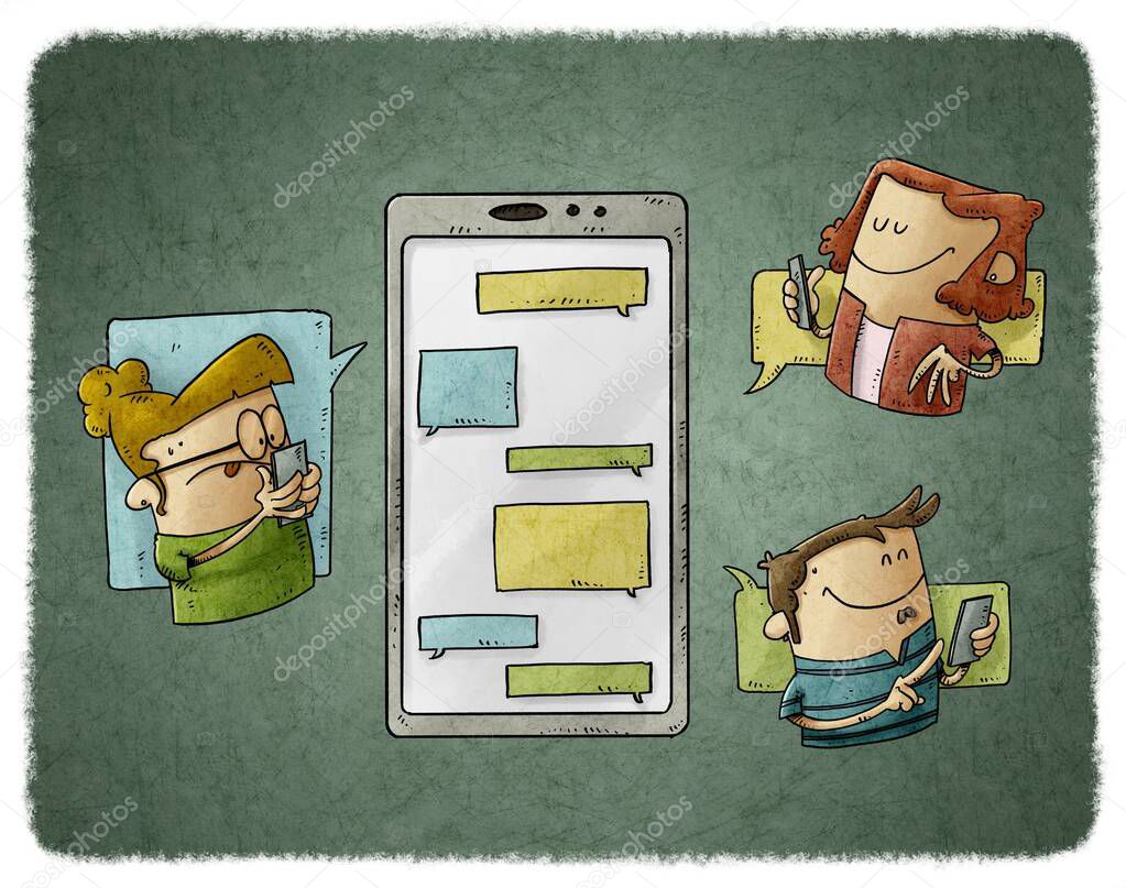 illustration of three people are around a large mobile phone and they are sending messages to each other. Communication and social media concept.