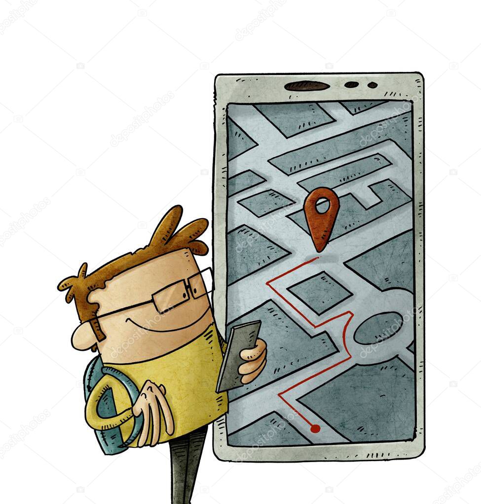 illustration of cartoon person is looking at his smartphone to know his location. Geolocation usage concept. isolated