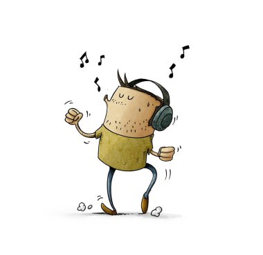 Kafasında kulaklık olan bir adamın tasviri dans ederken ve ıslık çalarken müzik dinlemektir. izole