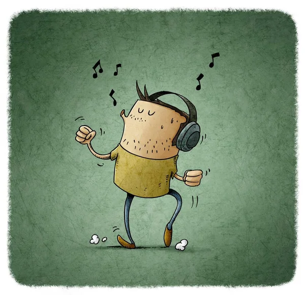 illustration of man with headphones on his head is listening to music while dancing and whistling