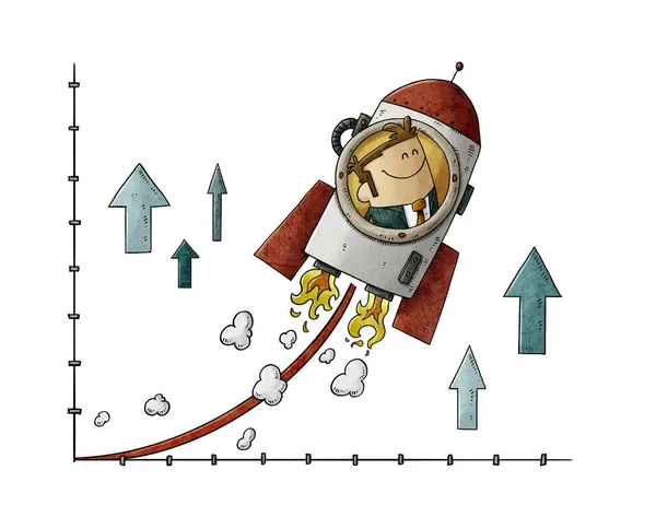 Groeiconcept Illustratie Toont Een Zakenman Een Raket Die Omhoog Gaat — Stockfoto