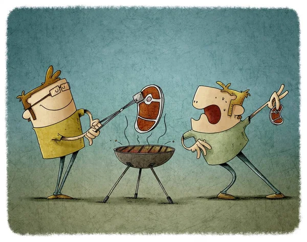 illustration of two men are grilling steaks on a barbecue, one of them stares in amazement at the other because his steak is bigger.