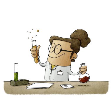 Kadın bilim adamının çizimi test tüplerine sıvı karıştırıyor. Aşı arama konsepti. izole