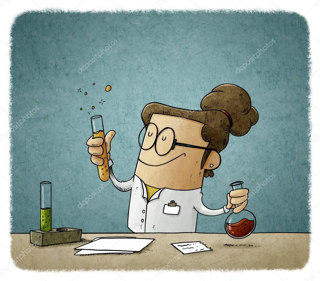 illustration of female scientist is mixing liquids in test tubes. Vaccine search concept.