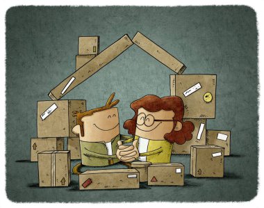 Birbirine aşık bir çiftin tasviri, ev şeklindeki karton kutuların arasındadır. ev satın alma kavramı