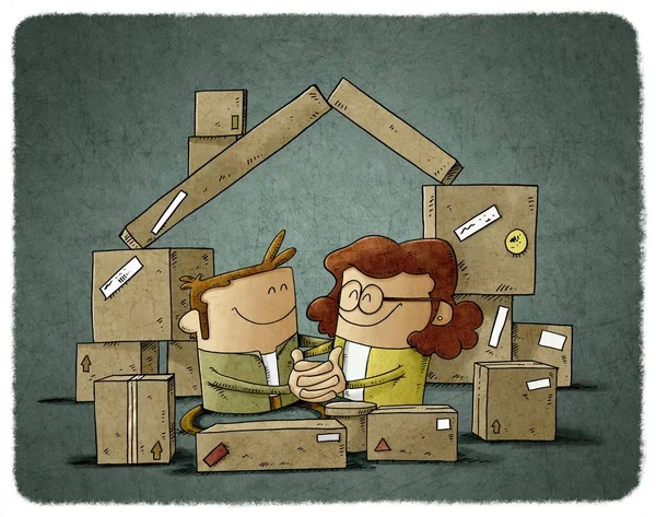 illustration of a couple in love are among some cardboard boxes that form the shape of a house. home buying concept